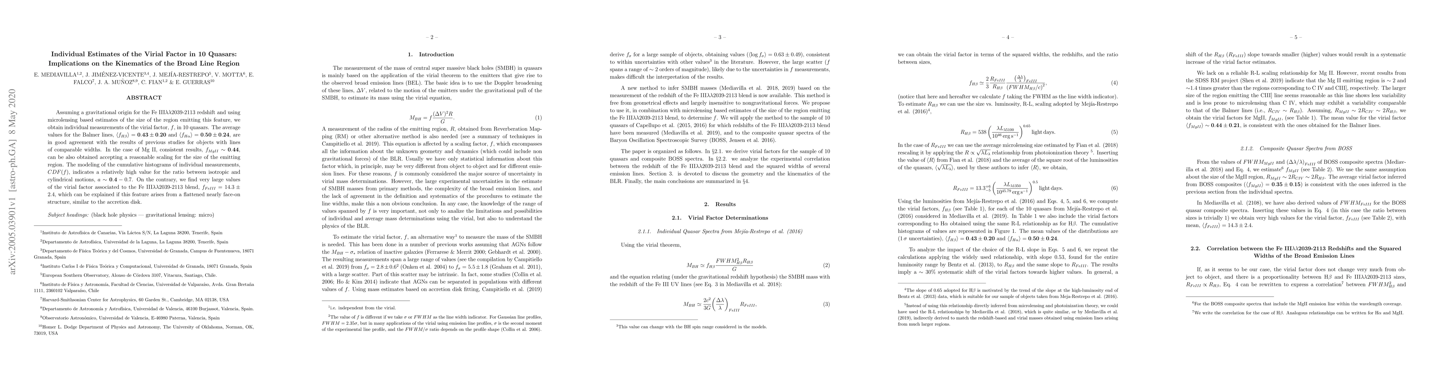 Thumbnail for Individual Estimates of the Virial Factor in 10 Quasars: Implications on
  the Kinematics of the Broad Line Region