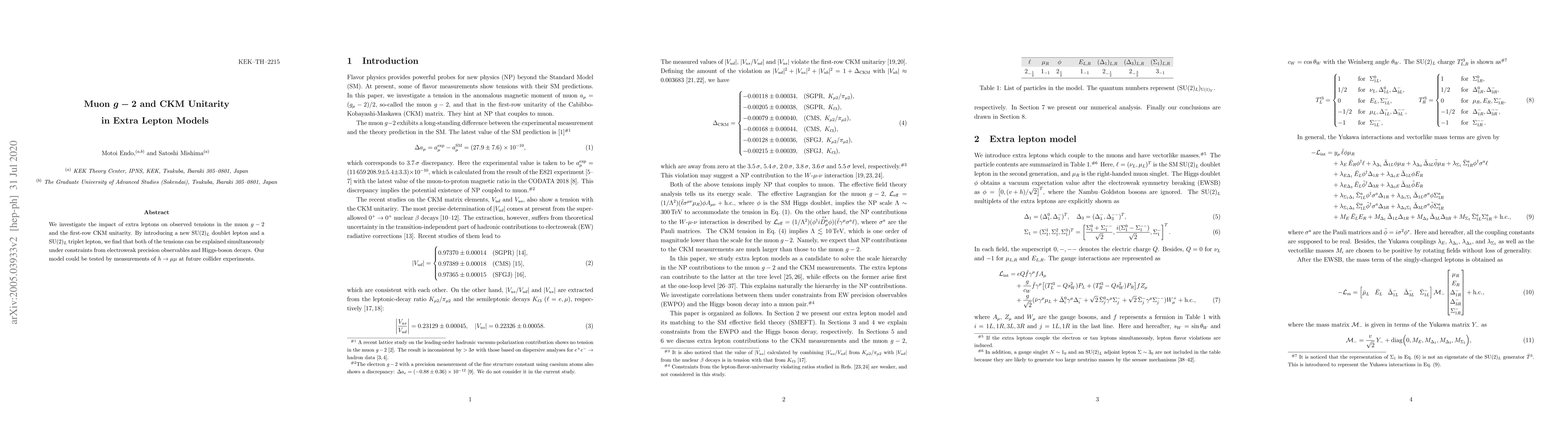 Thumbnail for Muon $g-2$ and CKM Unitarity in Extra Lepton Models