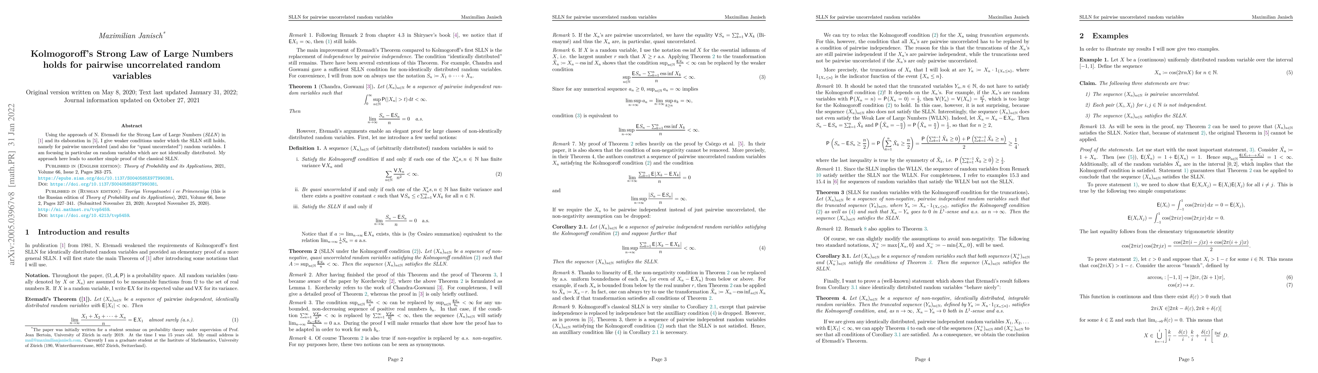 Thumbnail for Kolmogoroff's Strong Law of Large Numbers holds for pairwise
  uncorrelated random variables