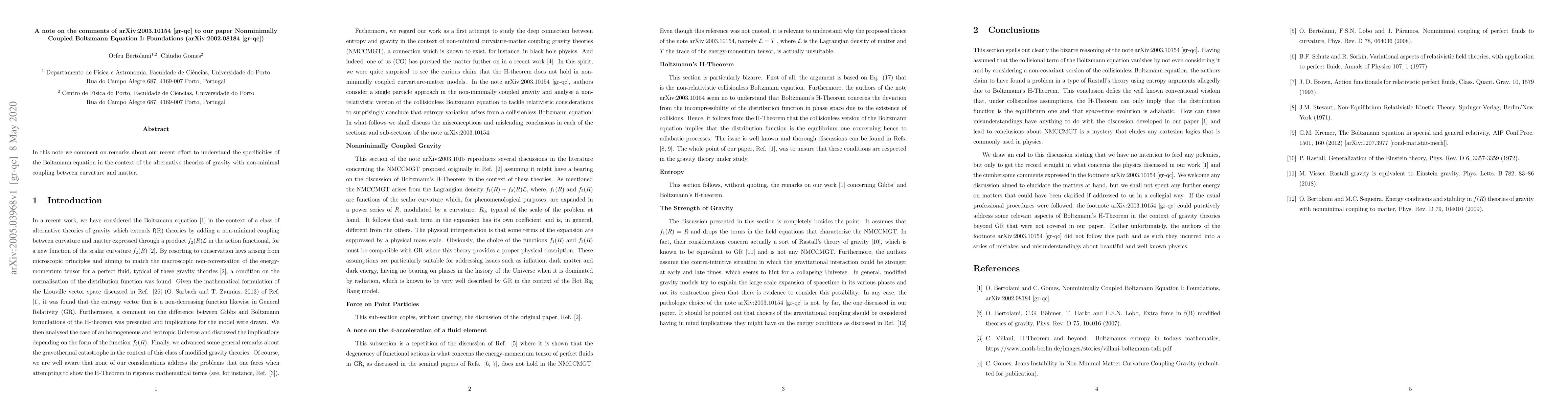 Thumbnail for A note on the comments of arXiv:2003.10154 [gr-qc] to our paper
  Nonminimally Coupled Boltzmann Equation I: Foundations (arXiv:2002.08184
  [gr-qc])