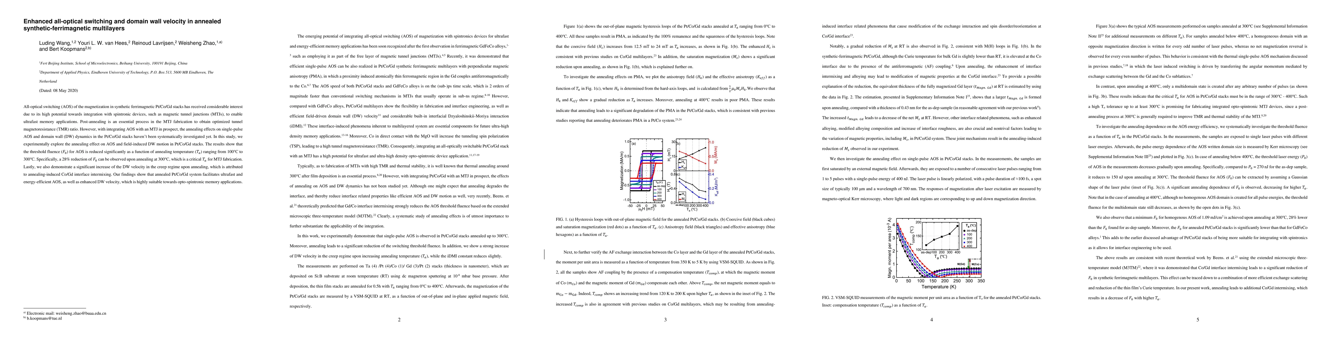 Thumbnail for Enhanced all-optical switching and domain wall velocity in annealed
  synthetic-ferrimagnetic multilayers