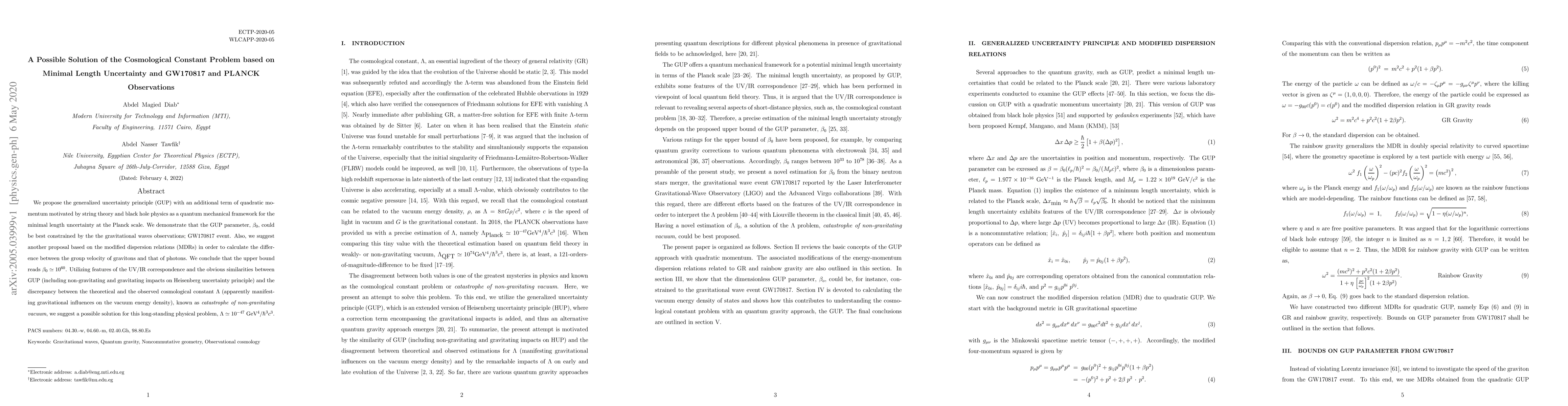 Thumbnail for A Possible Solution of the Cosmological Constant Problem based on
  Minimal Length Uncertainty and GW170817 and PLANCK Observations