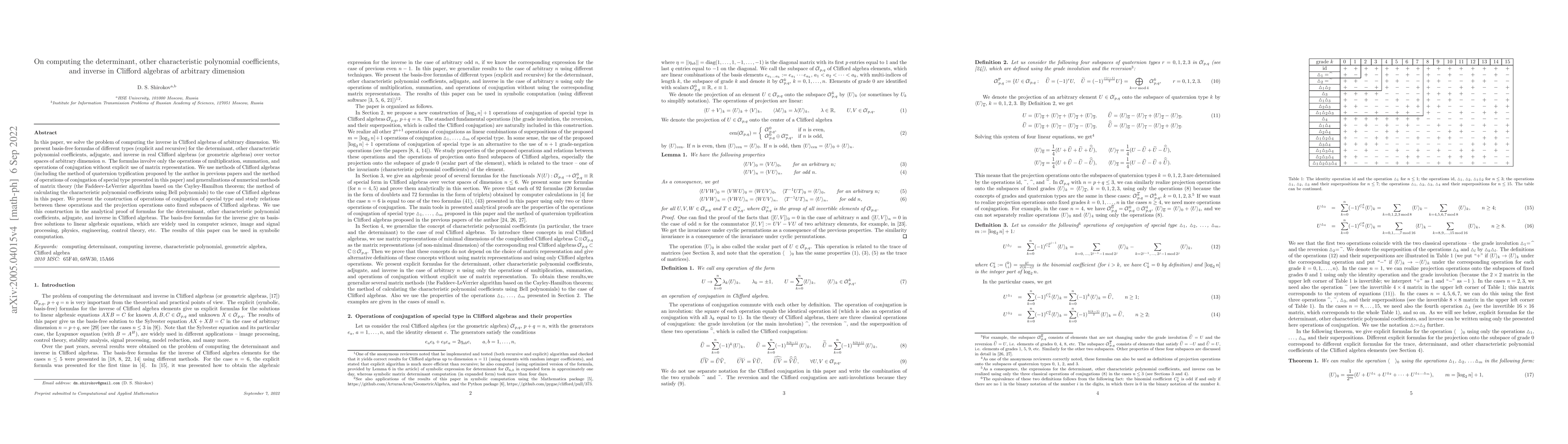 Thumbnail for On computing the determinant, other characteristic polynomial
  coefficients, and inverse in Clifford algebras of arbitrary dimension