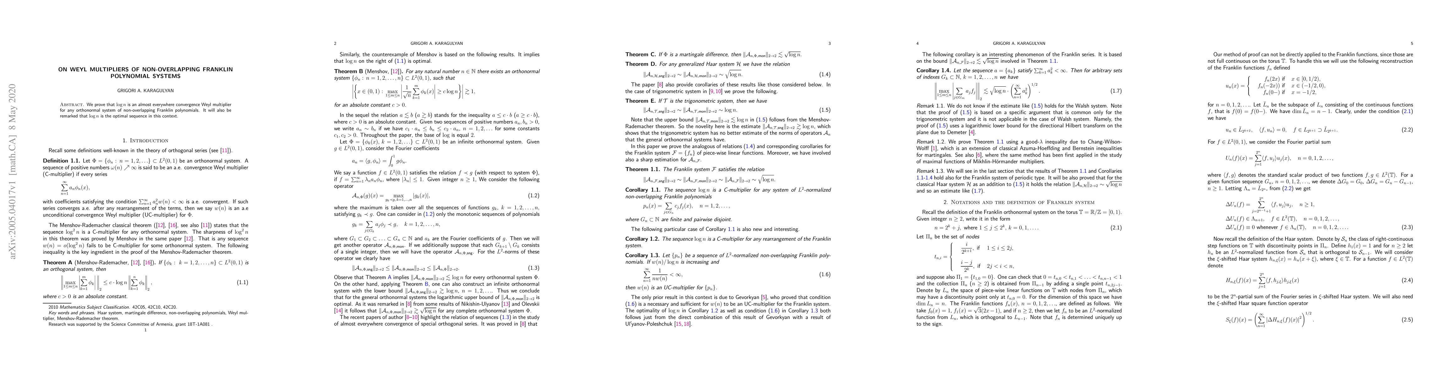 Thumbnail for On Weyl multipliers of non-overlapping Franklin polynomial systems
