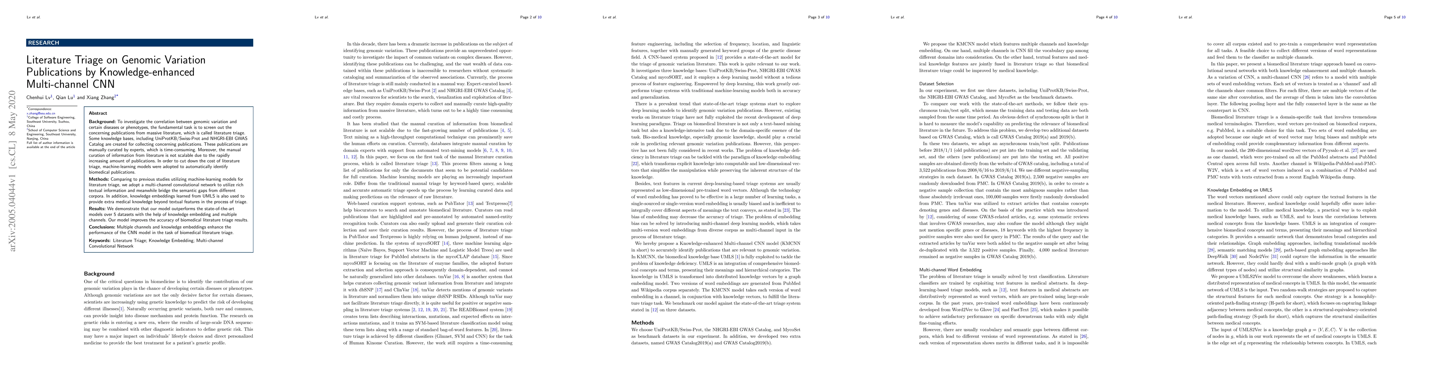 Thumbnail for Literature Triage on Genomic Variation Publications by
  Knowledge-enhanced Multi-channel CNN