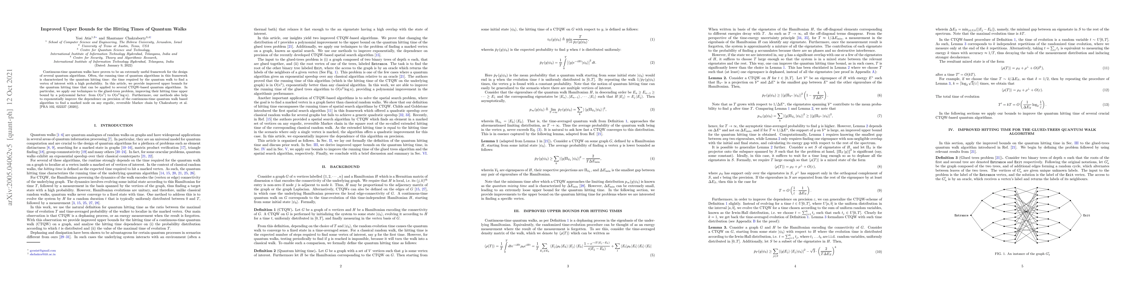 Thumbnail for Improved Upper Bounds for the Hitting Times of Quantum Walks