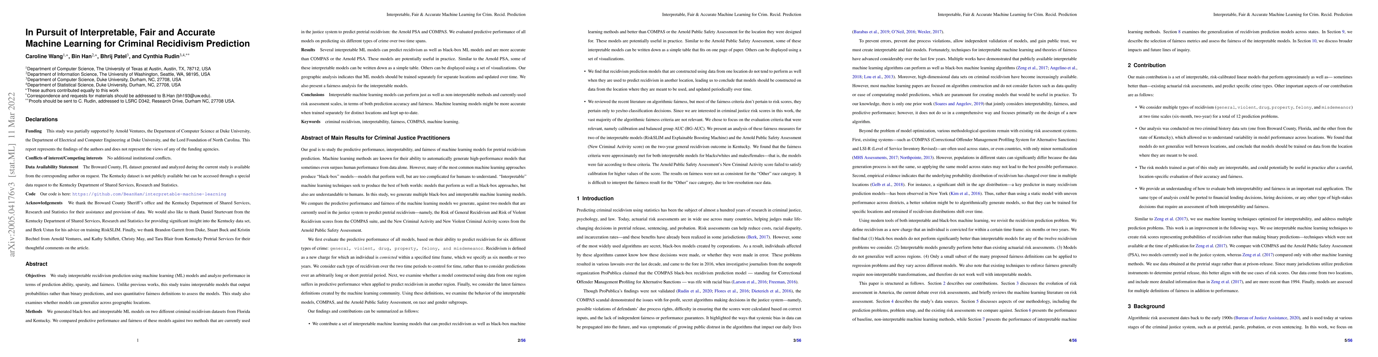 Thumbnail for In Pursuit of Interpretable, Fair and Accurate Machine Learning for
  Criminal Recidivism Prediction
