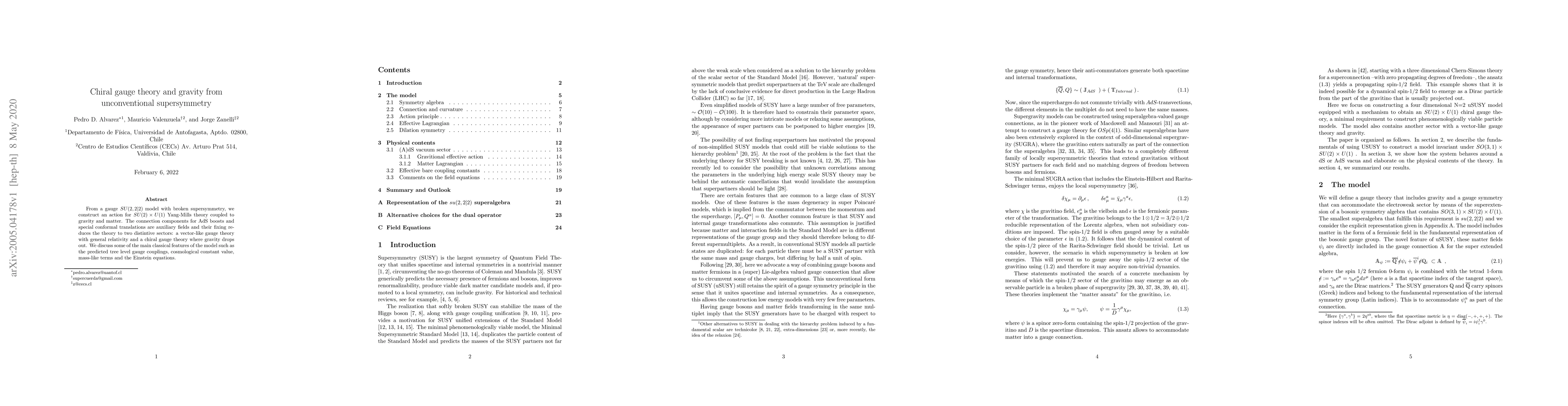 Thumbnail for Chiral gauge theory and gravity from unconventional supersymmetry