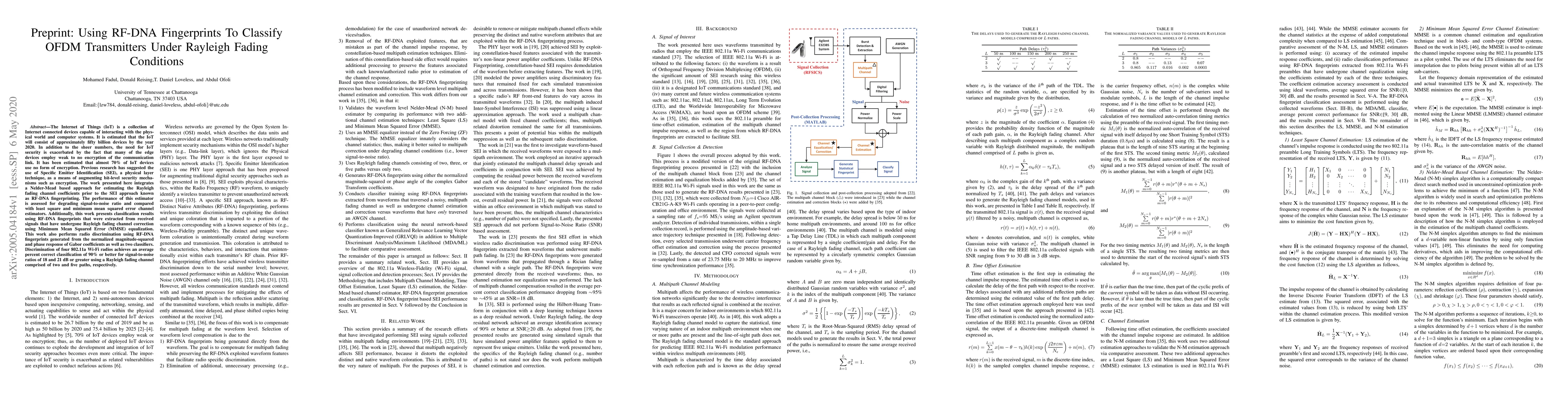 Thumbnail for Preprint: Using RF-DNA Fingerprints To Classify OFDM Transmitters Under
  Rayleigh Fading Conditions