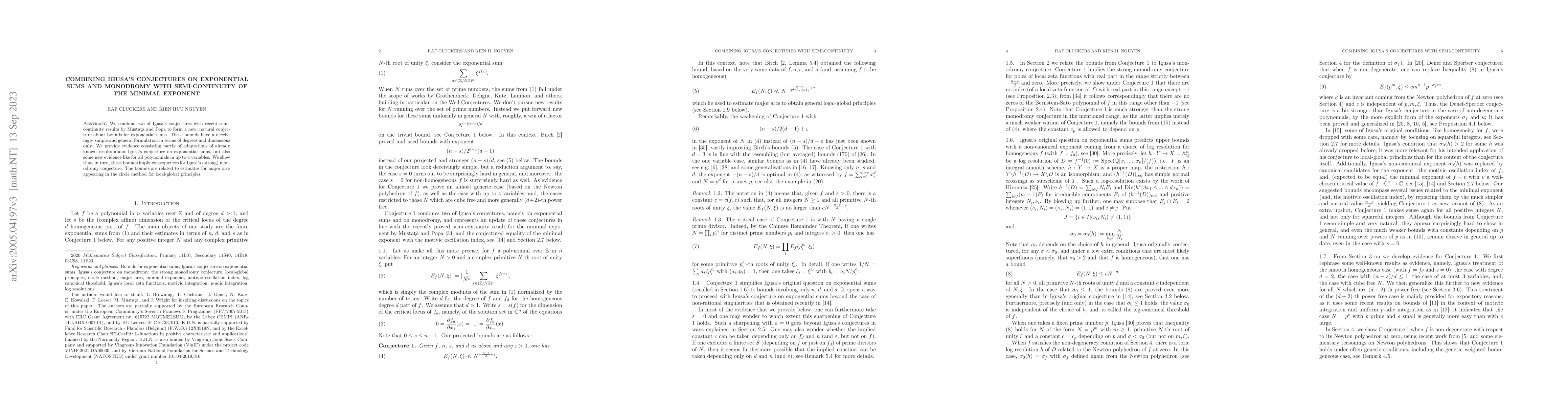 Thumbnail for Combining Igusa's conjectures on exponential sums and monodromy with
  semi-continuity of the minimal exponent