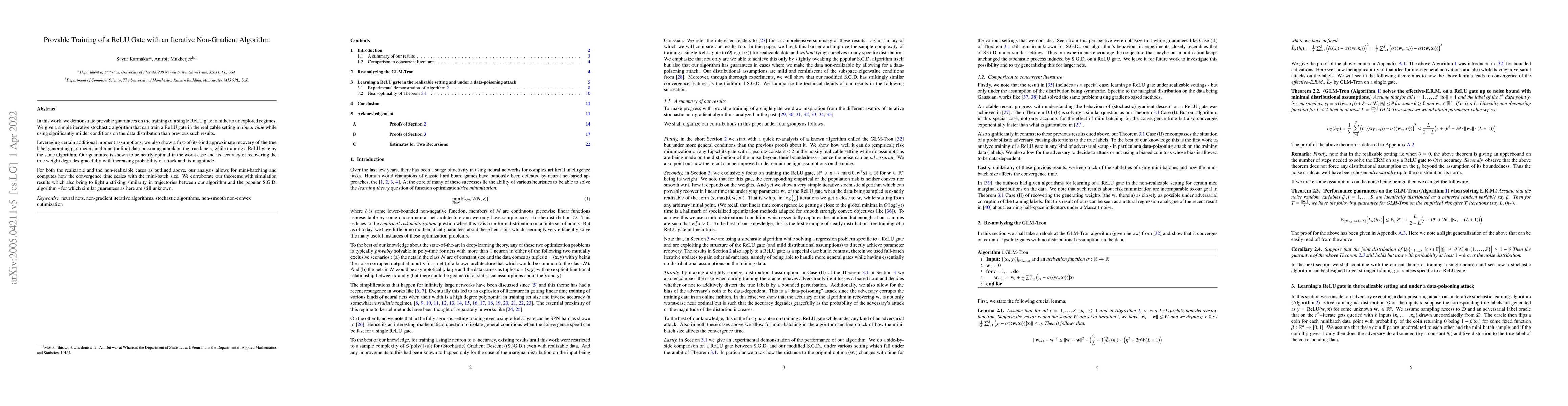 Thumbnail for Provable Training of a ReLU Gate with an Iterative Non-Gradient
  Algorithm