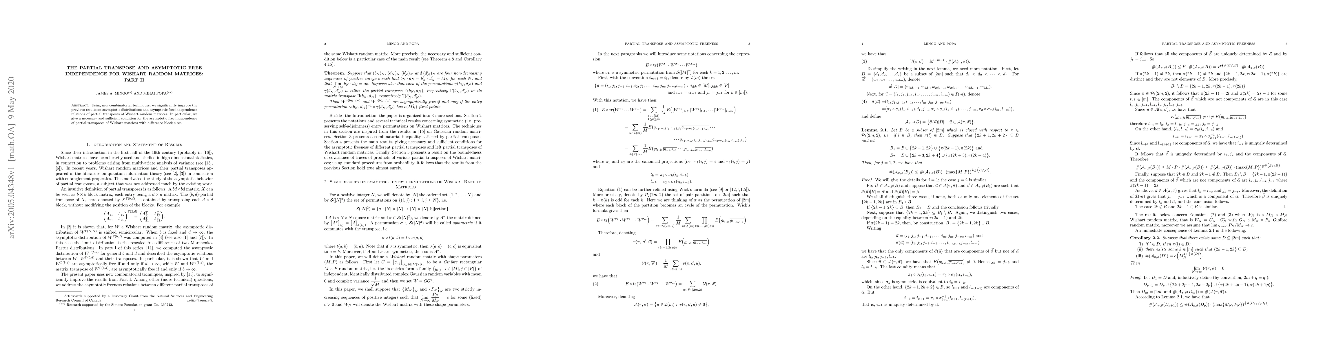 Thumbnail for The Partial Transpose and Asymptotic Free Independence for Wishart
  Random Matrices: Part II
