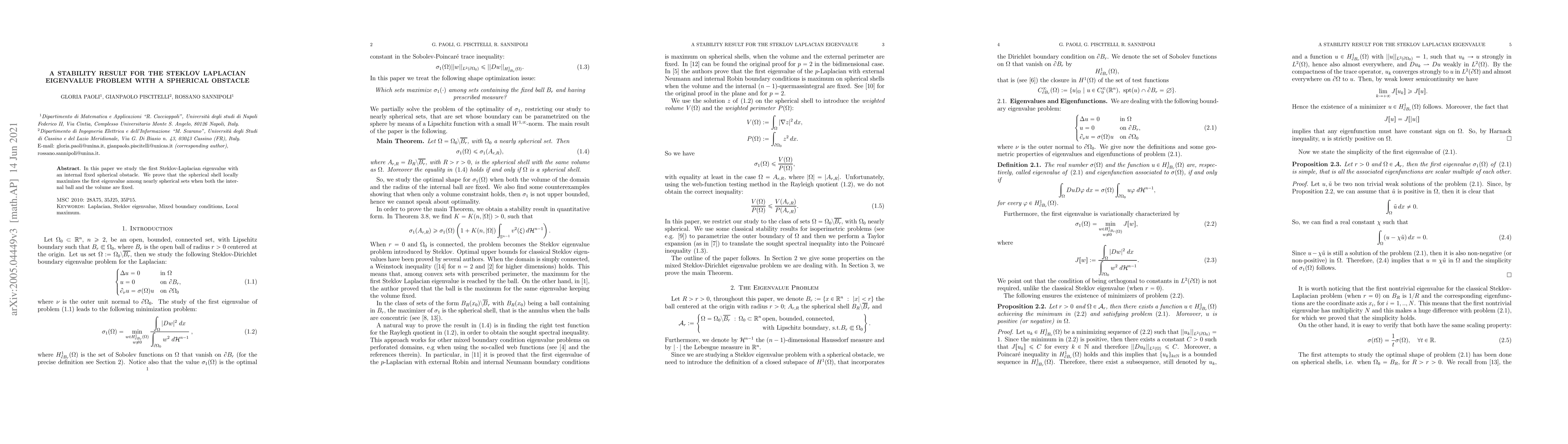 Thumbnail for A stability result for the Steklov Laplacian Eigenvalue Problem with a
  spherical obstacle