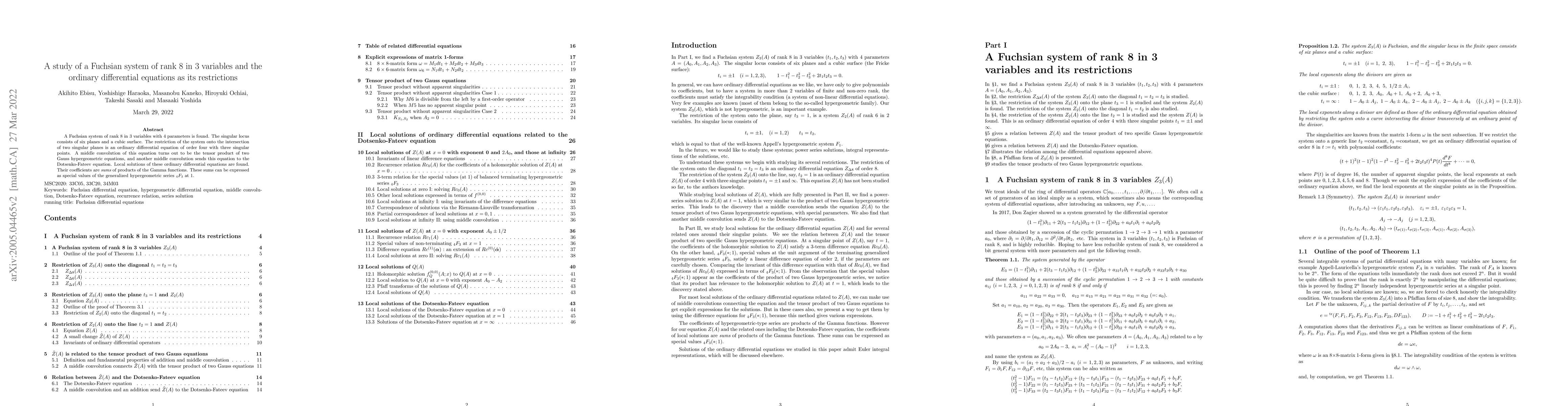 Thumbnail for A study of a Fuchsian system of rank 8 in 3 variables and the ordinary
  differential equations as its restrictions
