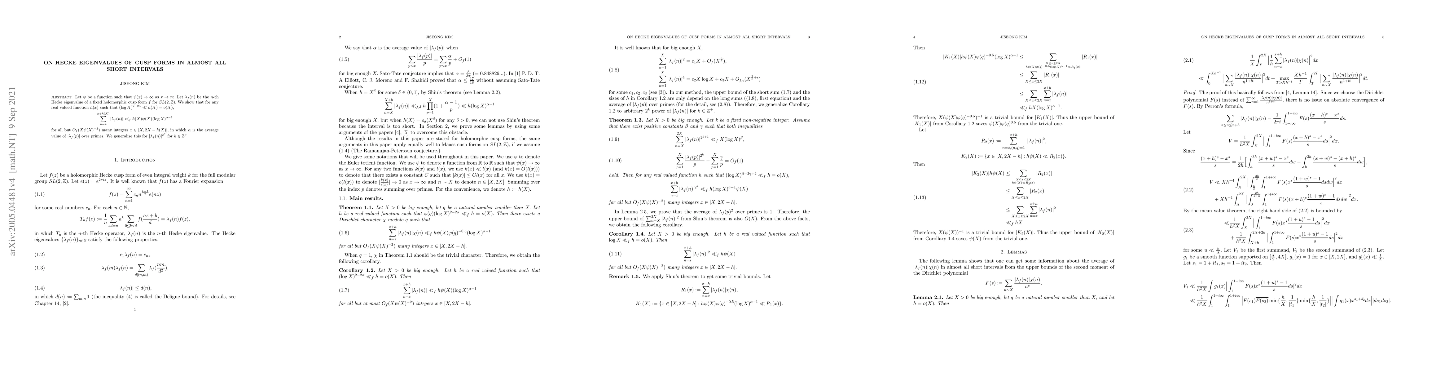 Thumbnail for On Hecke eigenvalues of cusp forms in almost all short intervals