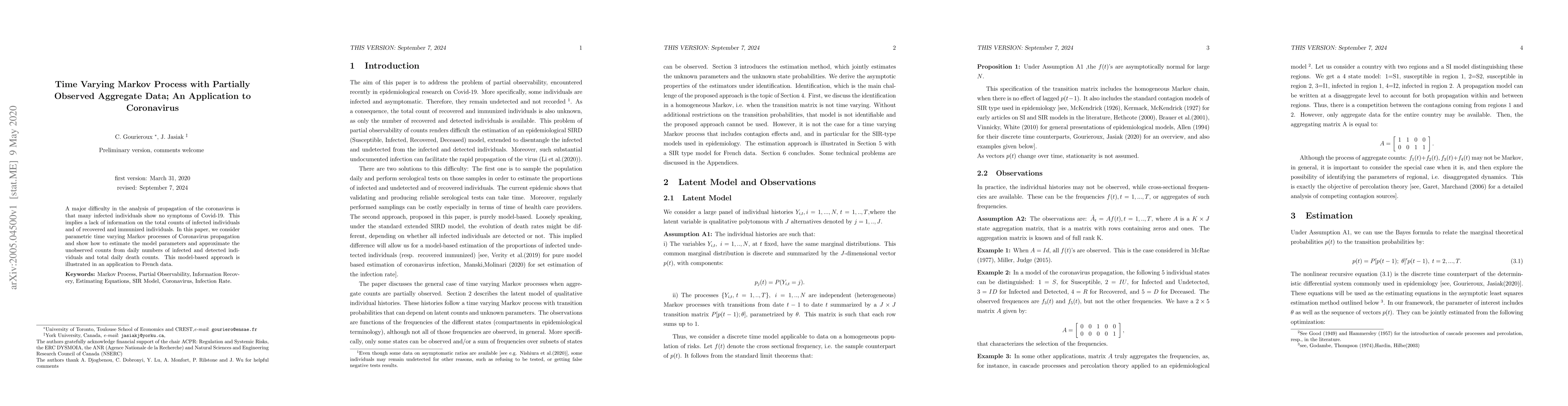 Thumbnail for Time Varying Markov Process with Partially Observed Aggregate Data; An
  Application to Coronavirus