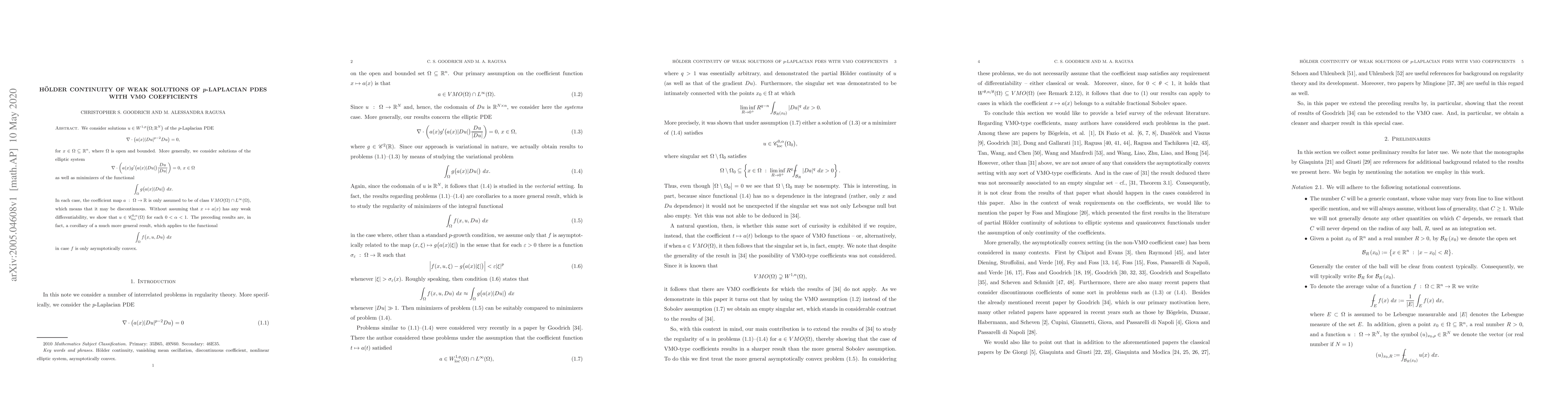 Thumbnail for Holder continuity of weak solutions of p-Laplacian PDE's with VMO
  coefficients
