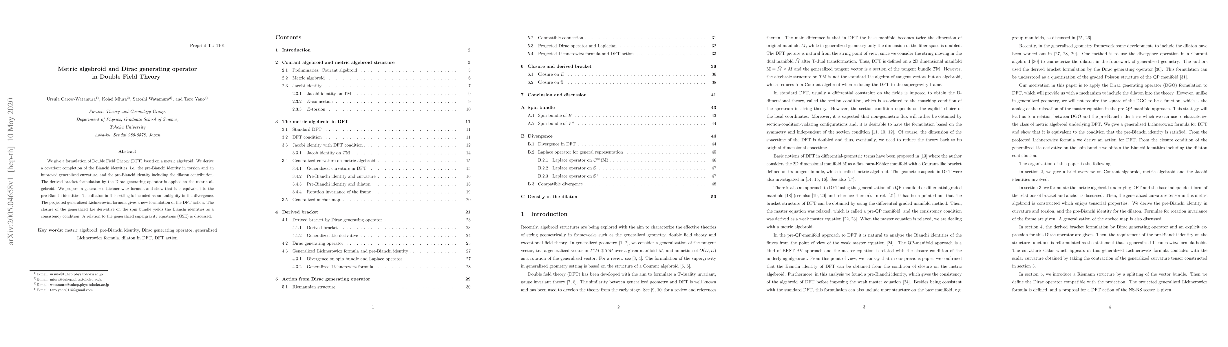 Thumbnail for Metric algebroid and Dirac generating operator in Double Field Theory