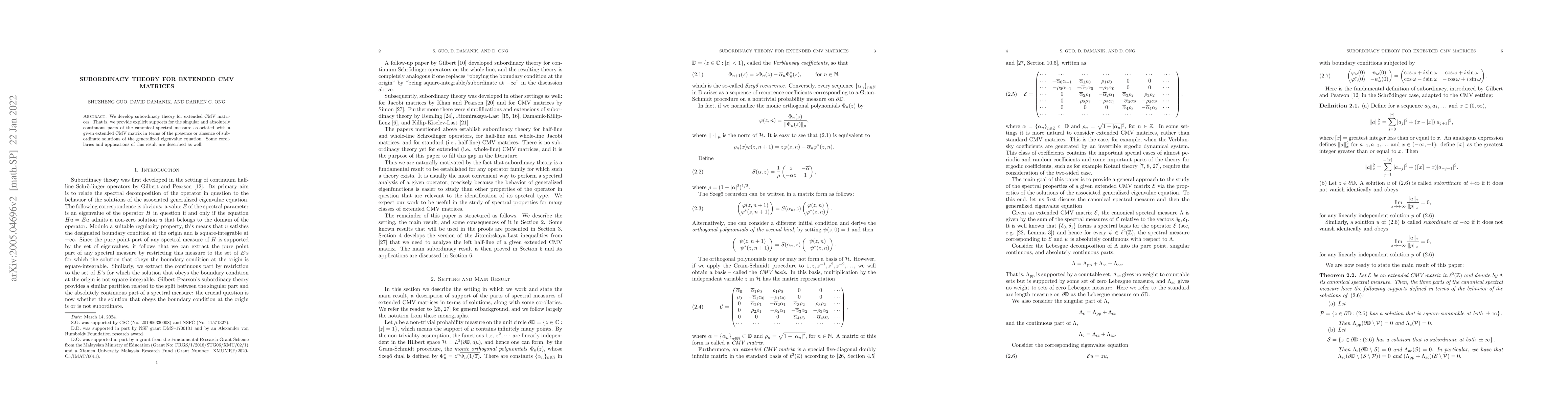 Thumbnail for Subordinacy Theory for Extended CMV Matrices