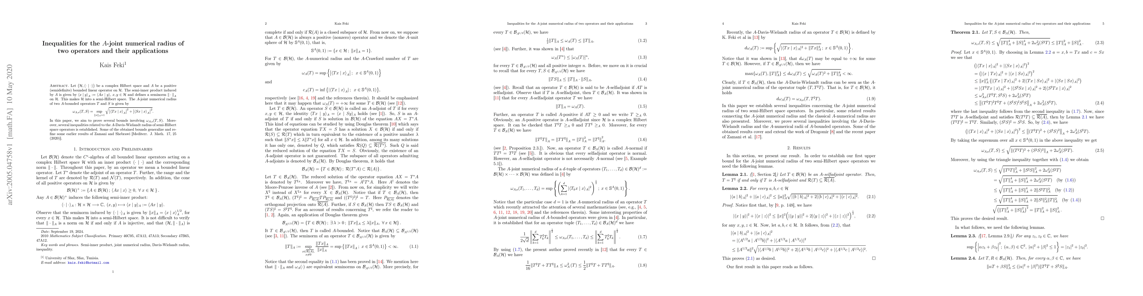 Thumbnail for Inequalities for the $A$-joint numerical radius of two operators and
  their applications