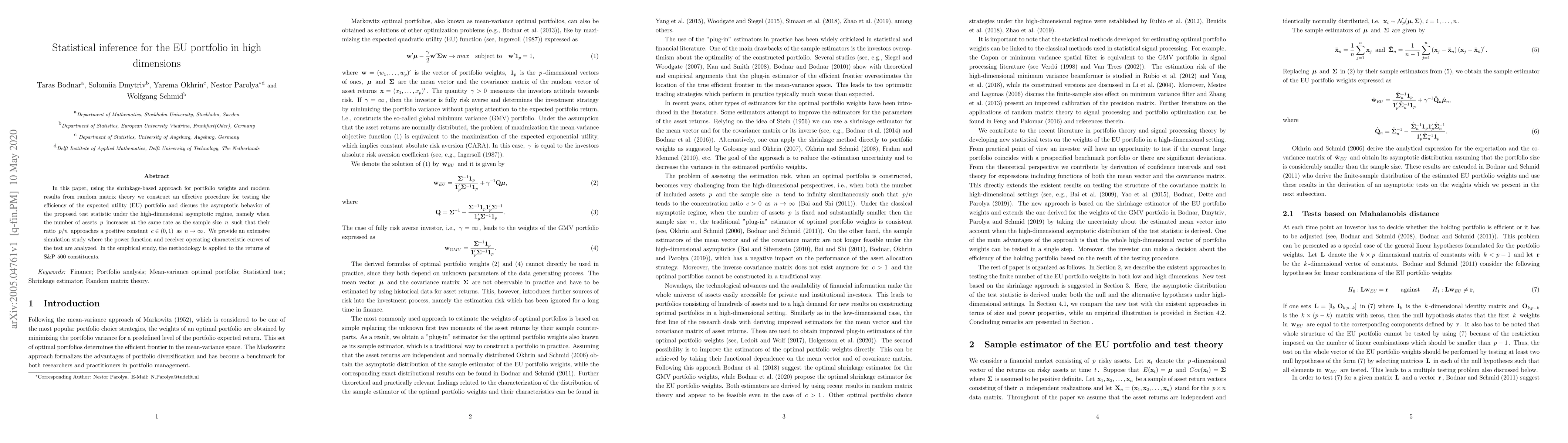 Thumbnail for Statistical inference for the EU portfolio in high dimensions