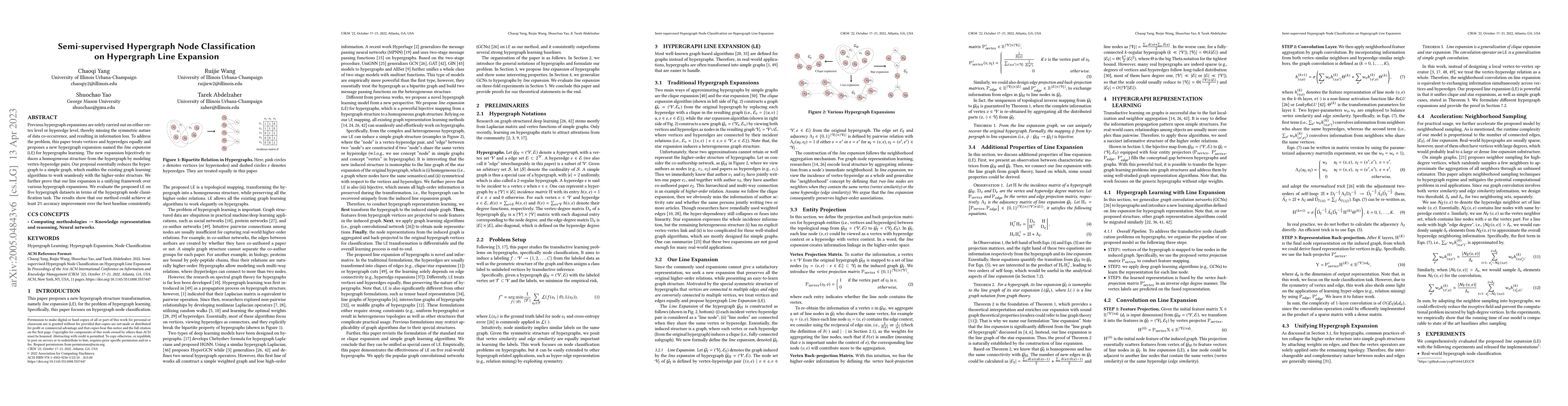Thumbnail for Semi-supervised Hypergraph Node Classification on Hypergraph Line
  Expansion