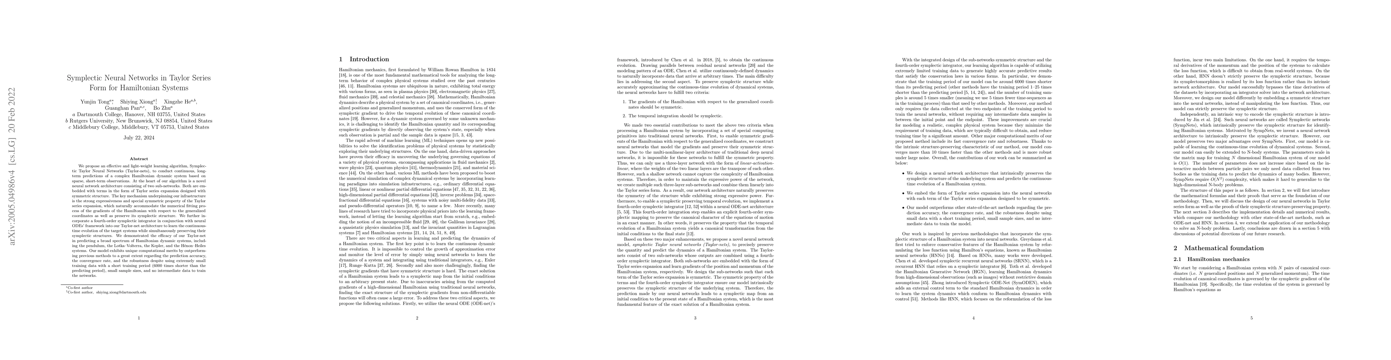 Thumbnail for Symplectic Neural Networks in Taylor Series Form for Hamiltonian Systems