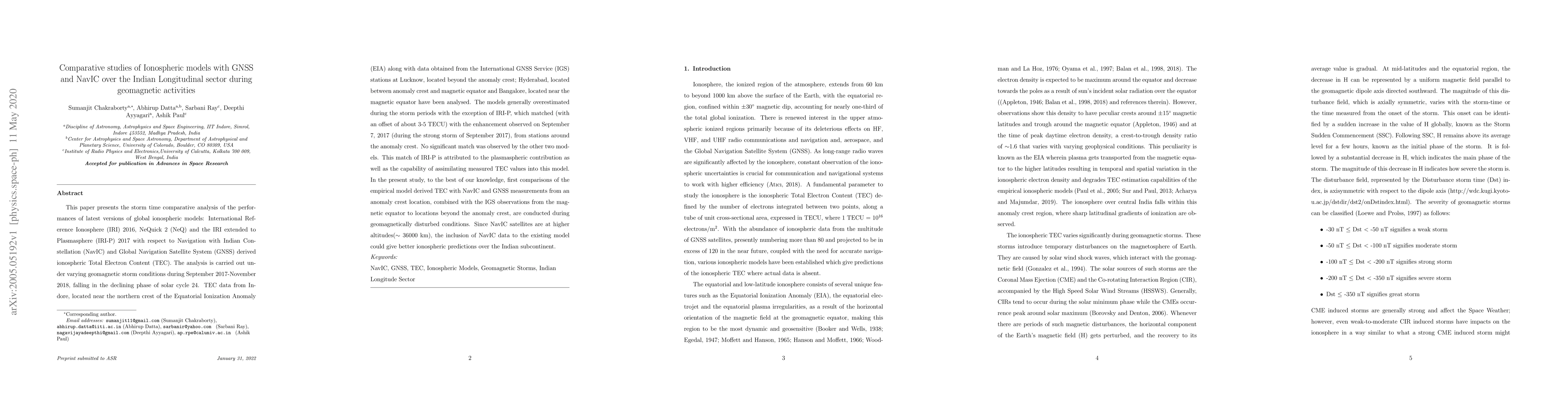 Thumbnail for Comparative studies of Ionospheric models with GNSS and NavIC over the
  Indian Longitudinal sector during geomagnetic activities