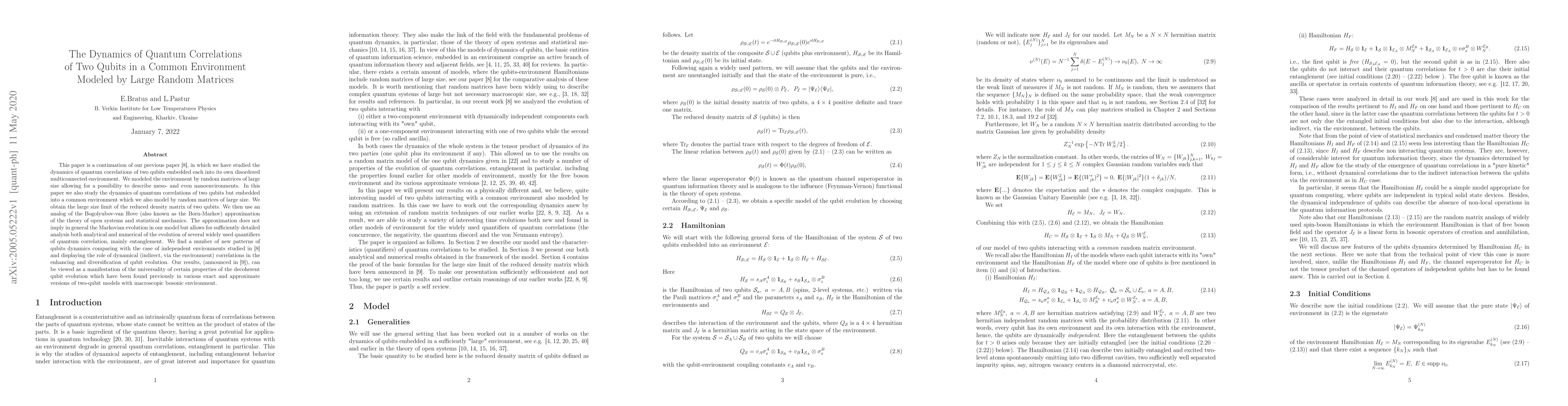 Thumbnail for The Dynamics of Quantum Correlations of Two Qubits in a Common
  Environment Modeled by Large Random Matrices