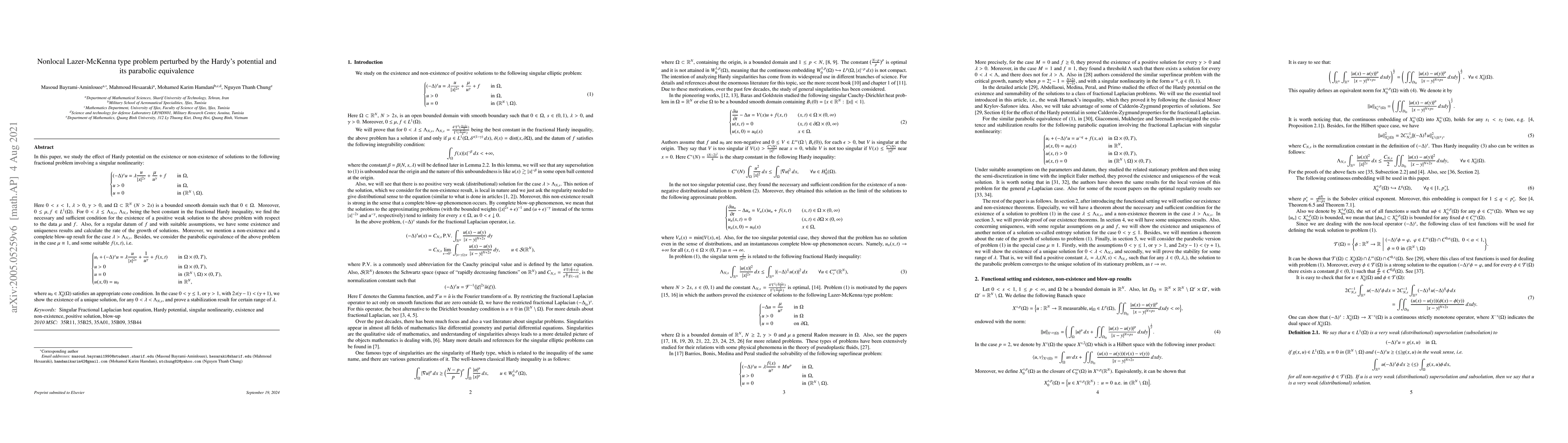 Thumbnail for Nonlocal Lazer-McKenna type problem perturbed by the Hardy's potential
  and its parabolic equivalence