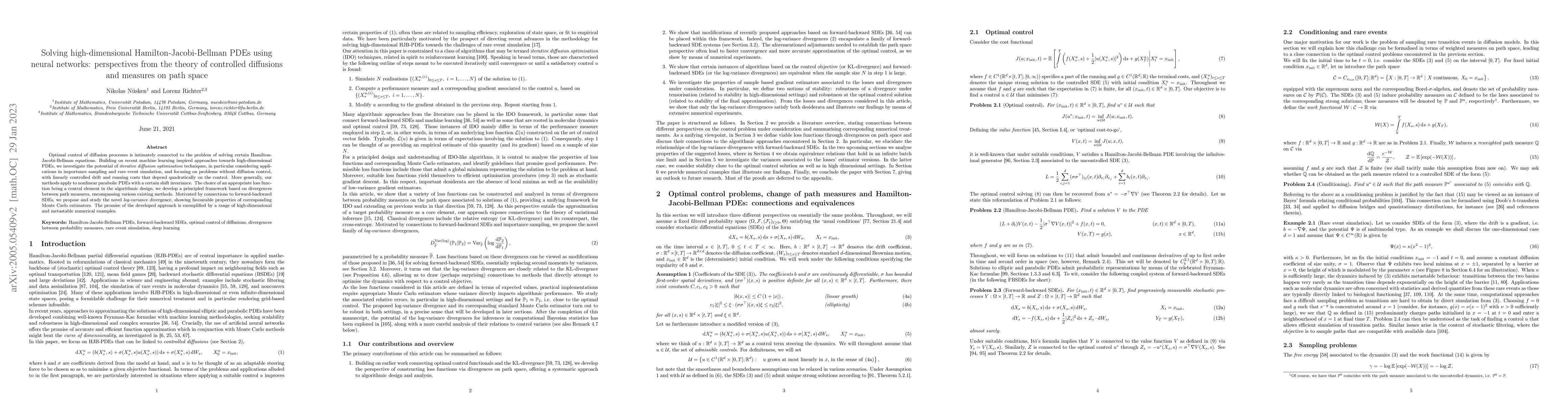 Thumbnail for Solving high-dimensional Hamilton-Jacobi-Bellman PDEs using neural
  networks: perspectives from the theory of controlled diffusions and measures
  on path space