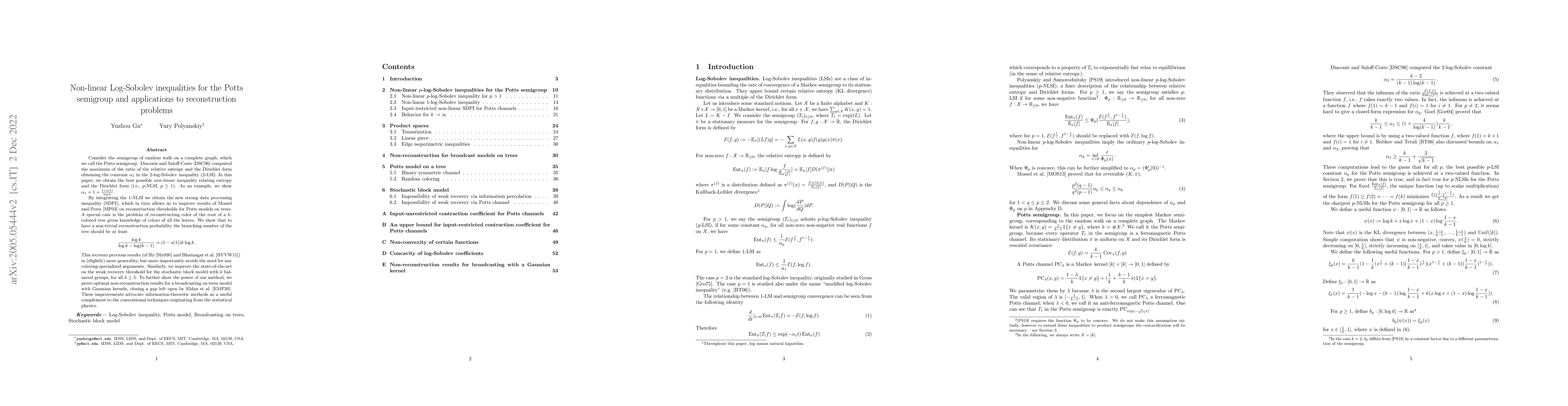 Thumbnail for Non-linear Log-Sobolev inequalities for the Potts semigroup and
  applications to reconstruction problems