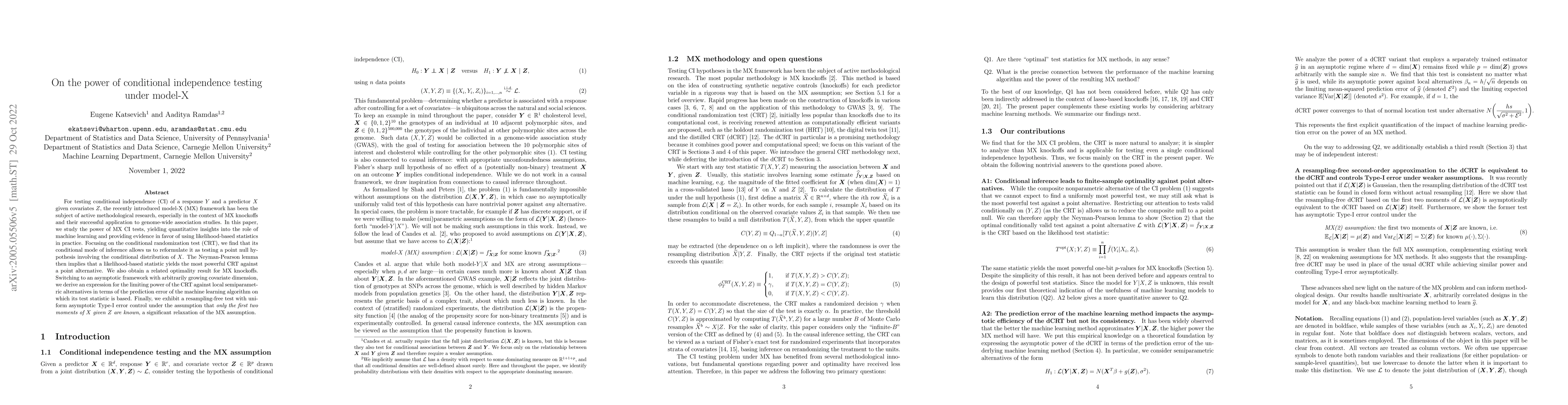 Thumbnail for On the power of conditional independence testing under model-X