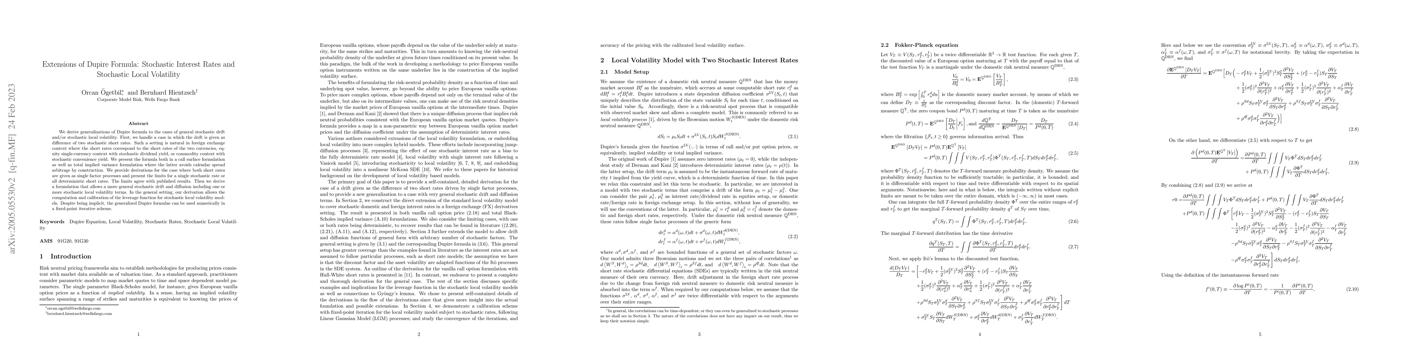 Thumbnail for Extensions of Dupire Formula: Stochastic Interest Rates and Stochastic
  Local Volatility
