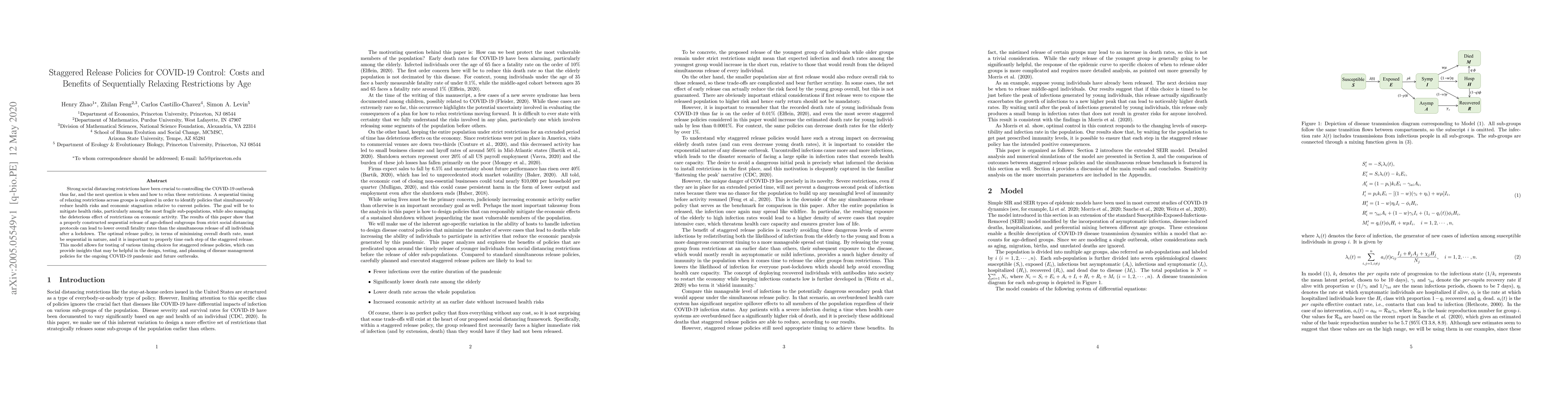 Thumbnail for Staggered Release Policies for COVID-19 Control: Costs and Benefits of
  Sequentially Relaxing Restrictions by Age