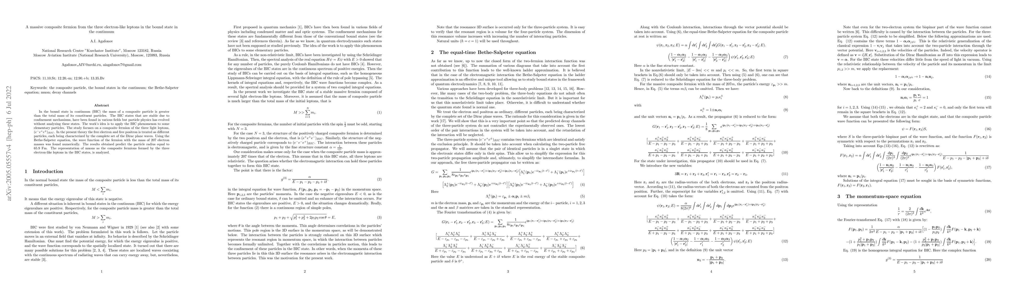 Thumbnail for A massive composite fermion from the three electron-like leptons in the
  bound state in the continuum
