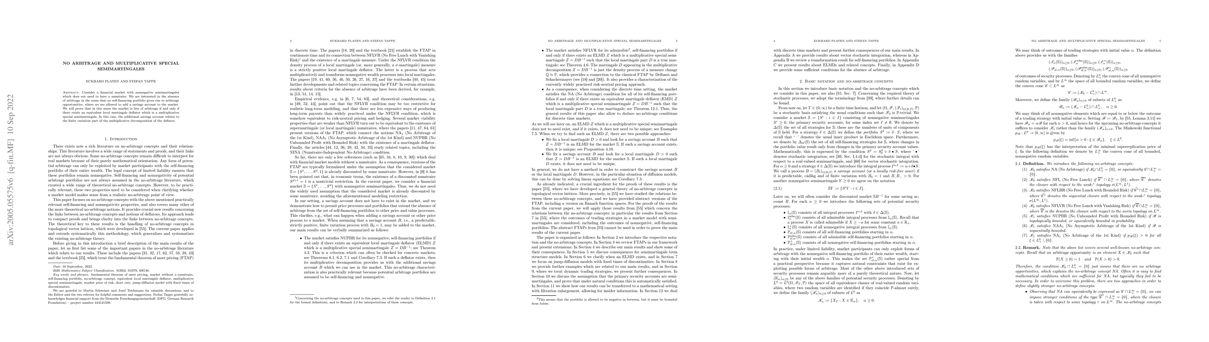 Thumbnail for No arbitrage and multiplicative special semimartingales