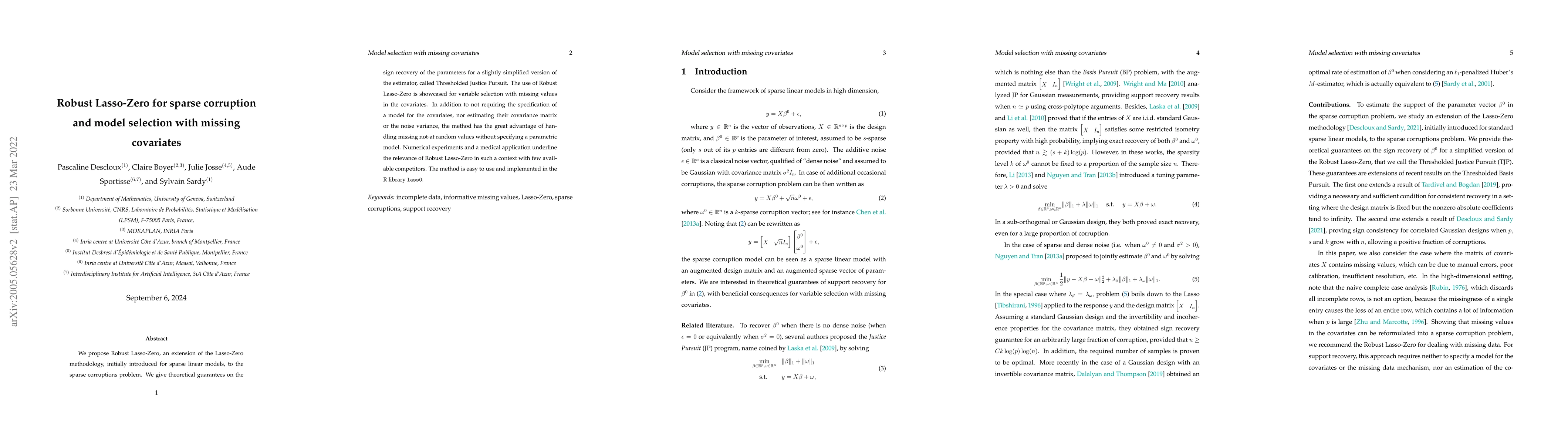 Thumbnail for Robust Lasso-Zero for sparse corruption and model selection with missing
  covariates