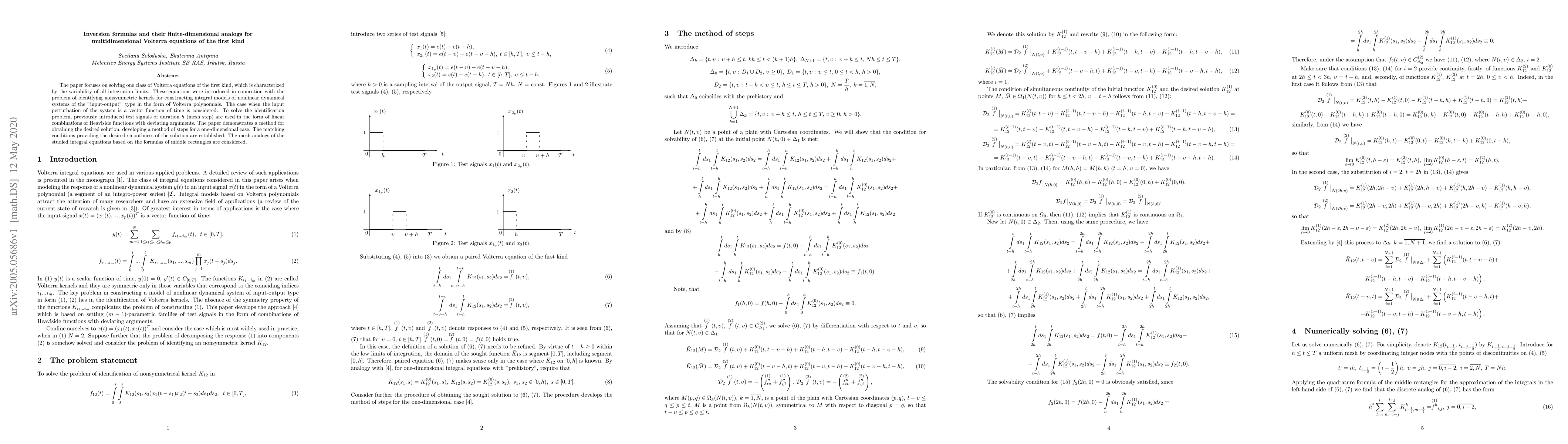 Thumbnail for Inversion formulas and their finite-dimensional analogs for
  multidimensional Volterra equations of the first kind