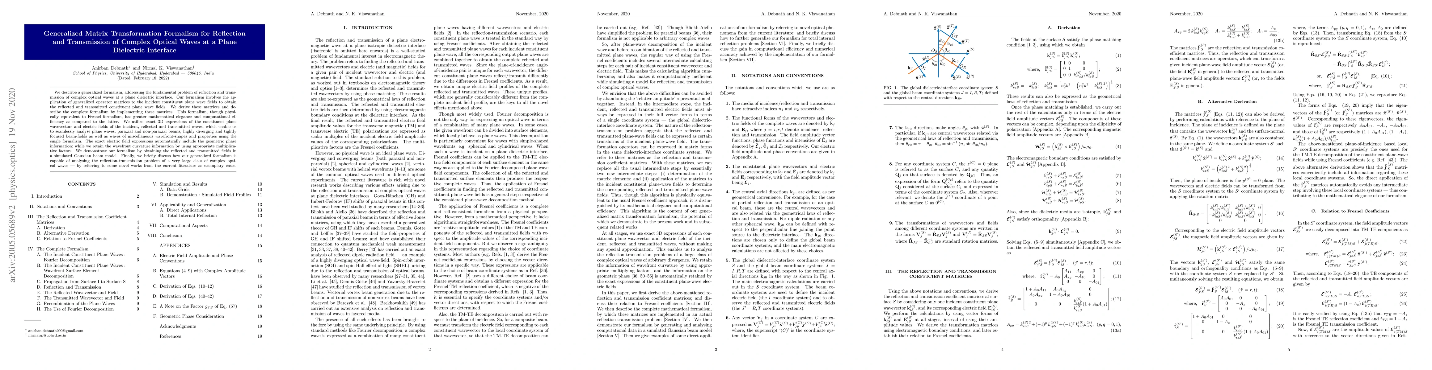 Thumbnail for Generalized Matrix Transformation Formalism for Reflection and
  Transmission of Complex Optical Waves at a Plane Dielectric Interface