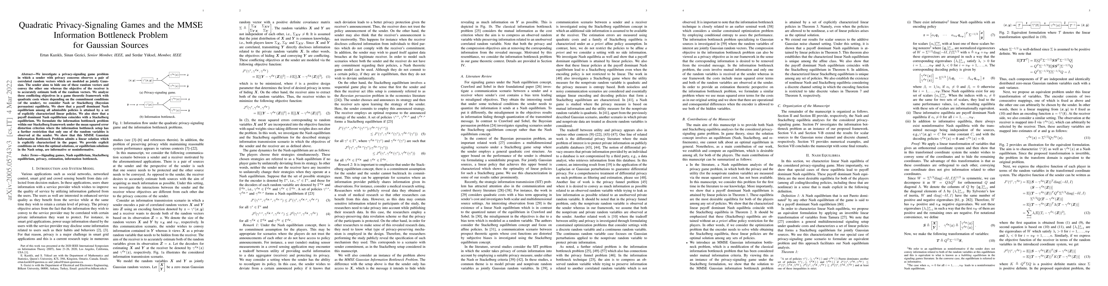 Thumbnail for Quadratic Privacy-Signaling Games and the MMSE Information Bottleneck
  Problem for Gaussian Sources