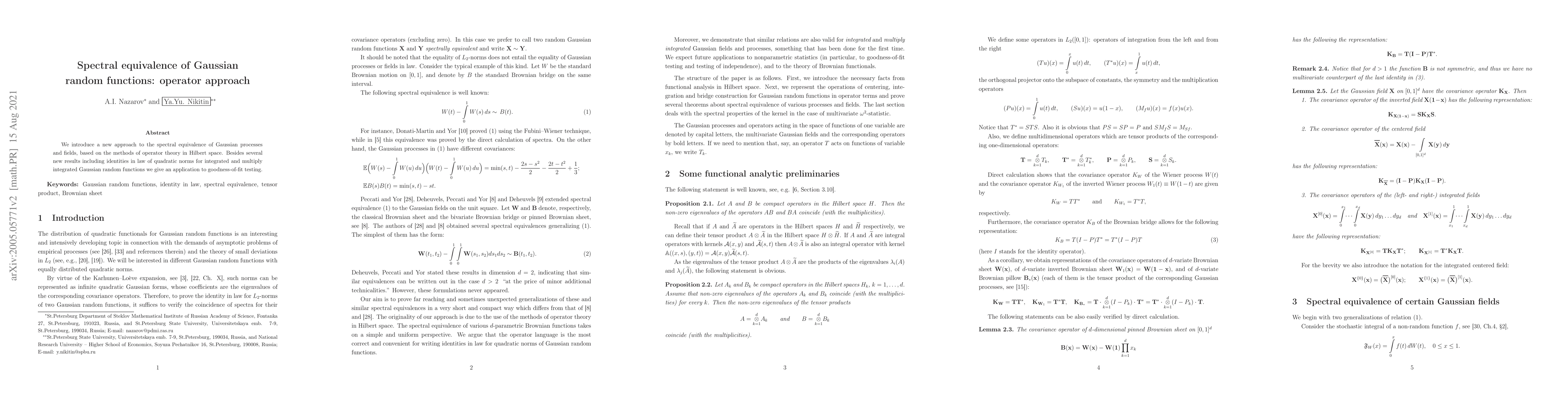 Thumbnail for Spectral equivalence of Gaussian random functions: operator approach