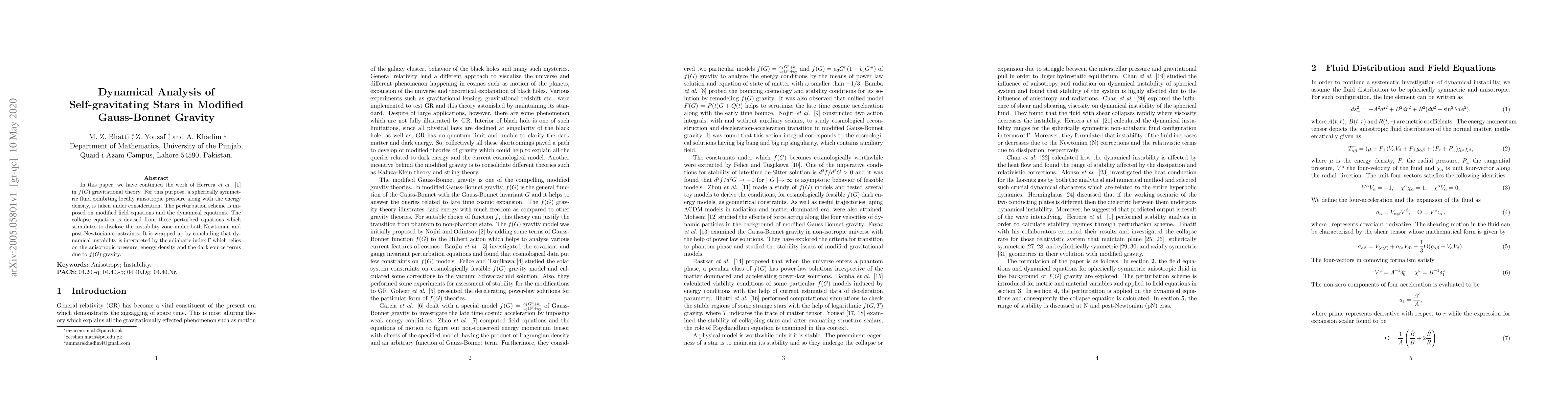 Thumbnail for Dynamical Analysis of Self-gravitating Stars in Modified Gauss-Bonnet
  Gravity
