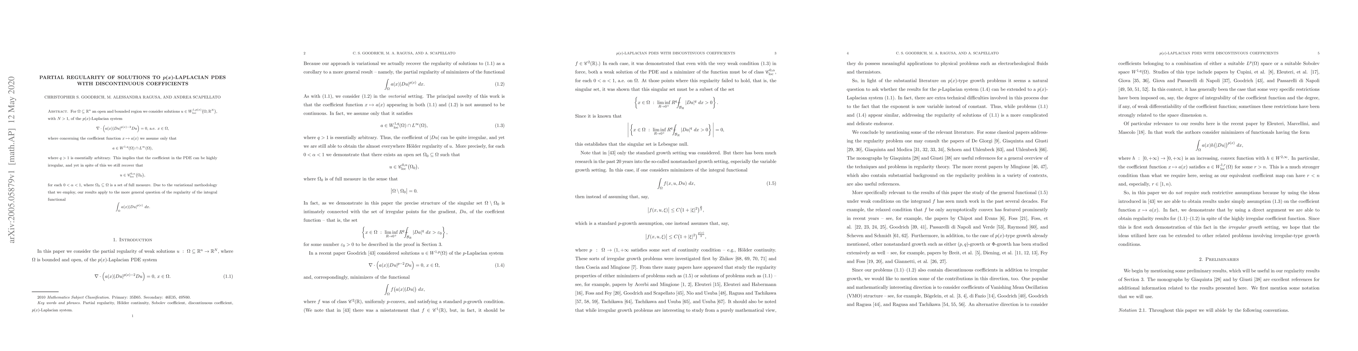 Thumbnail for Partial Regularity of Solutions to $\bm{p(x)}$-Laplacian PDEs with
  Discontinuous Coefficients