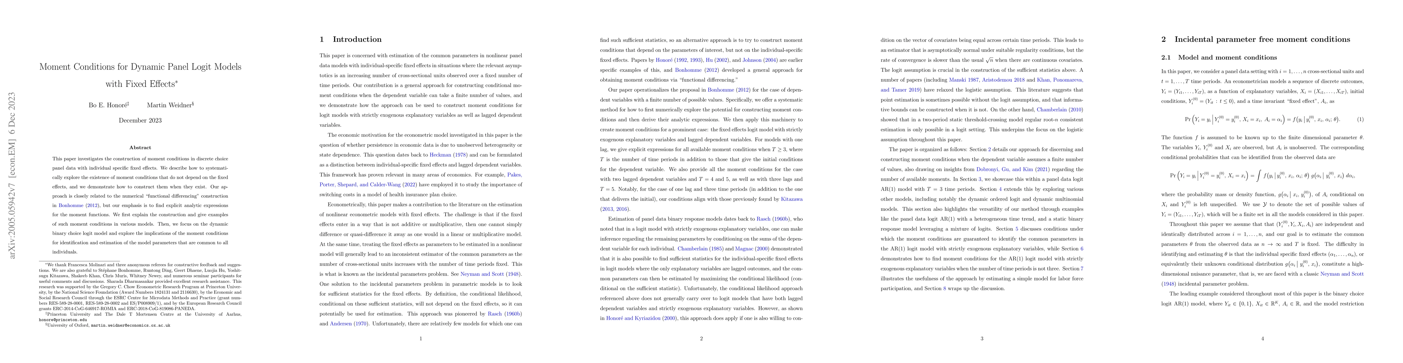 Thumbnail for Moment Conditions for Dynamic Panel Logit Models with Fixed Effects