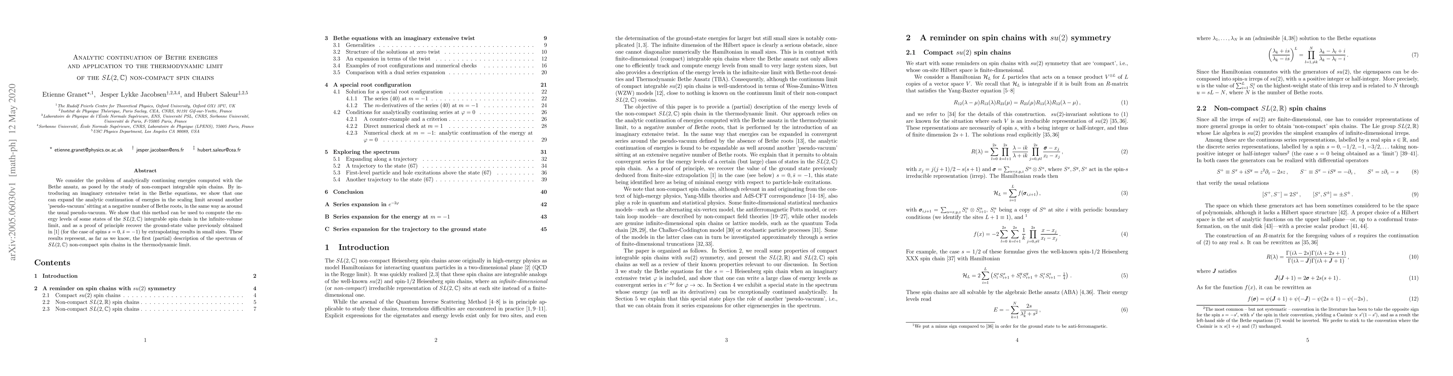 Thumbnail for Analytic continuation of Bethe energies and application to the
  thermodynamic limit of the $SL(2,\mathbb{C})$ non-compact spin chains