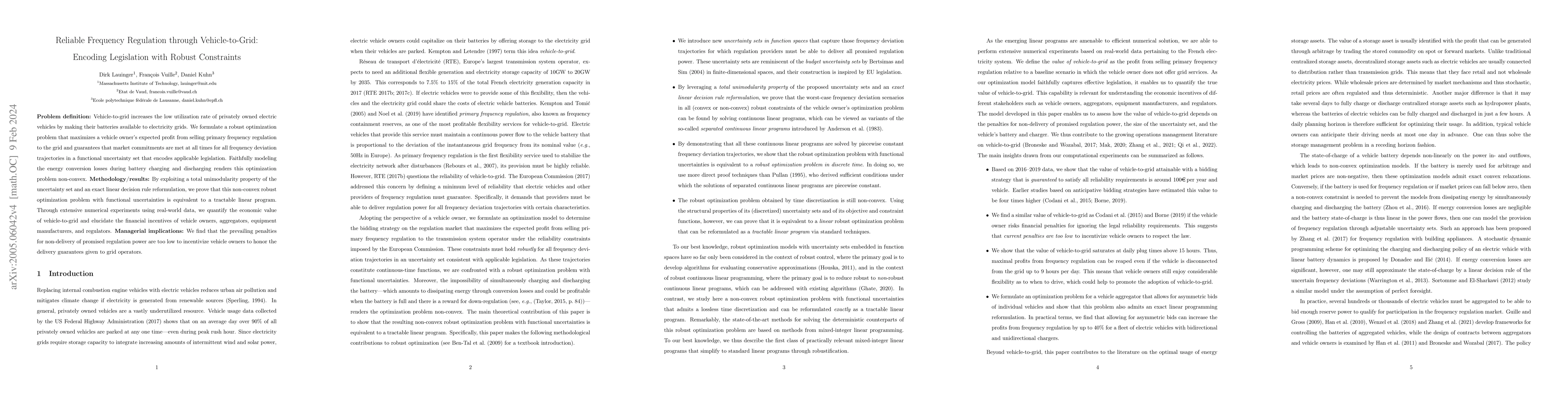 Thumbnail for Reliable Frequency Regulation through Vehicle-to-Grid: Encoding
  Legislation with Robust Constraints