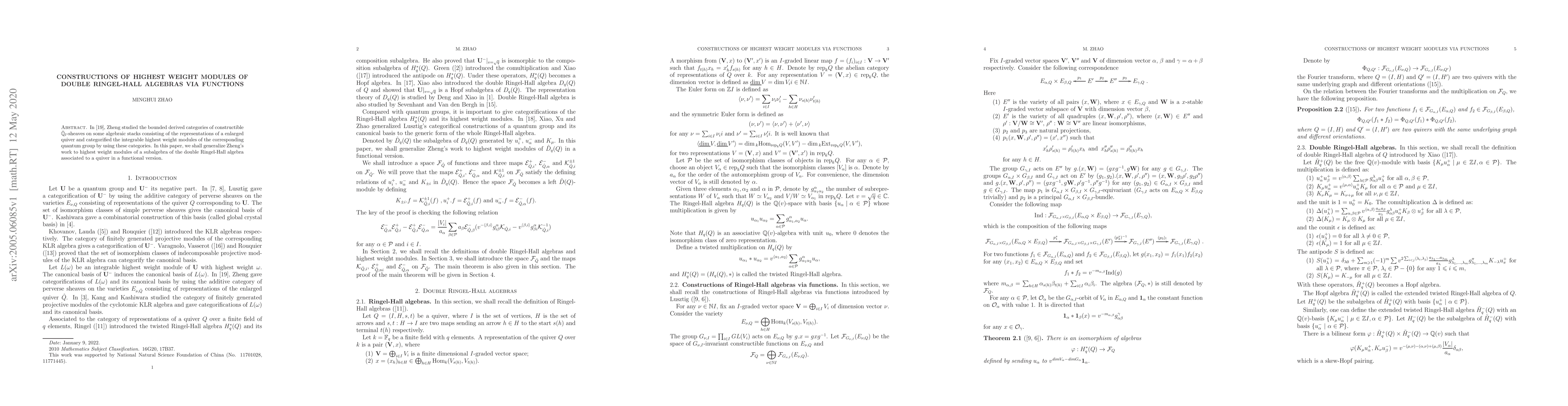 Thumbnail for Constructions of highest weight modules of double Ringel-Hall algebras
  via functions