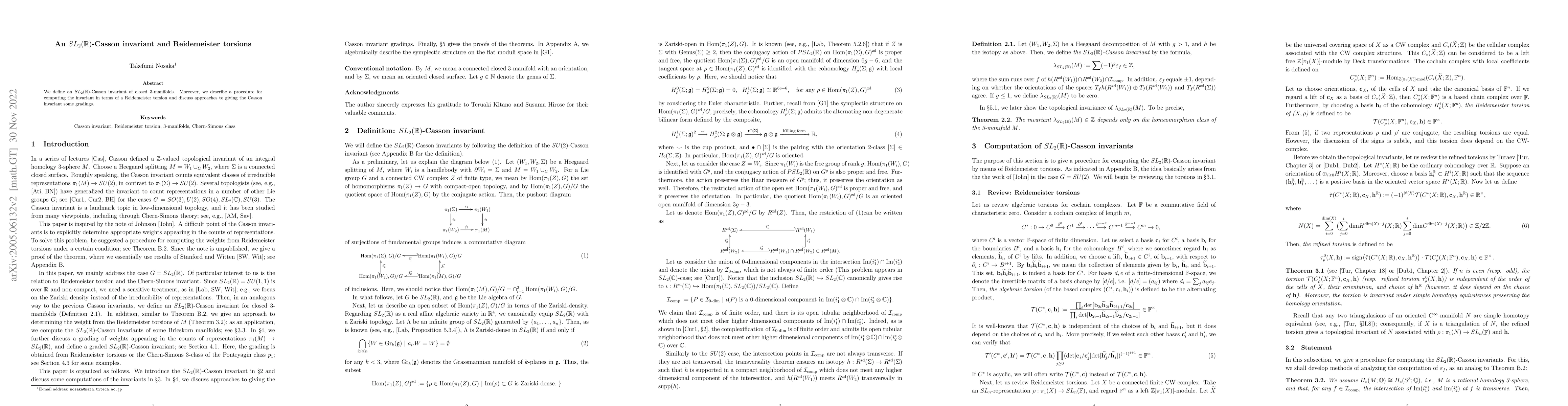 Thumbnail for An $SL_2(\mathbb{R}) $-Casson invariant and Reidemeister torsions