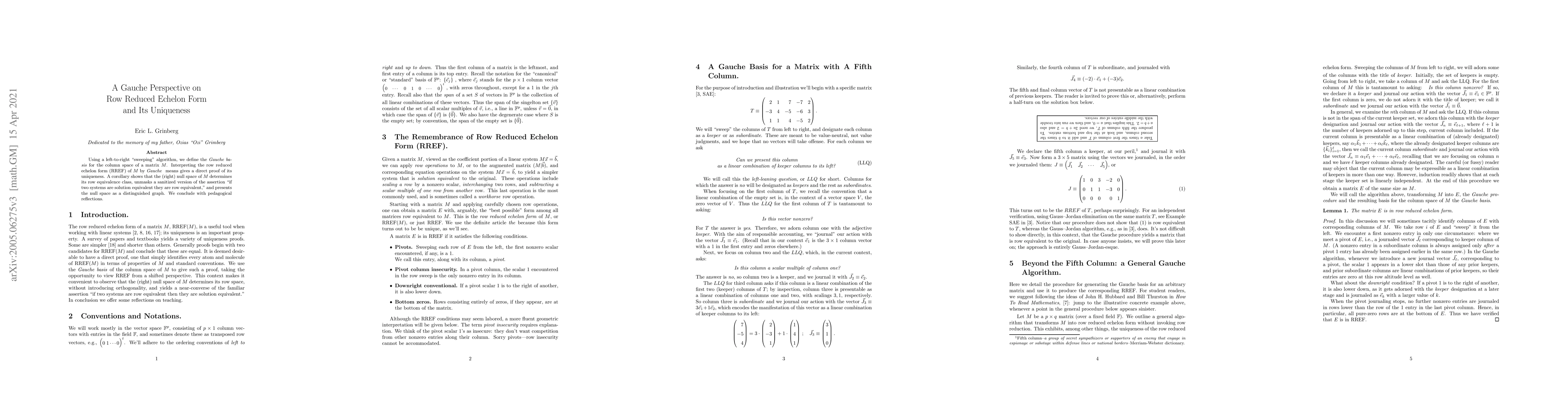 Thumbnail for A Gauche perspective on row reduced echelon form and its uniqueness